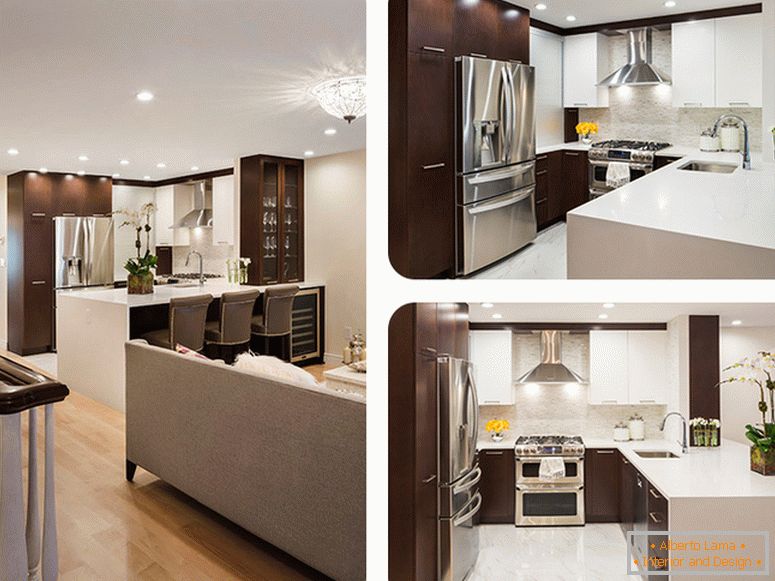 Design de interiores de pequena cozinha em contraste cor
