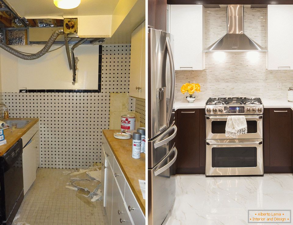 Design de interiores de cozinha pequena antes e depois do reparo