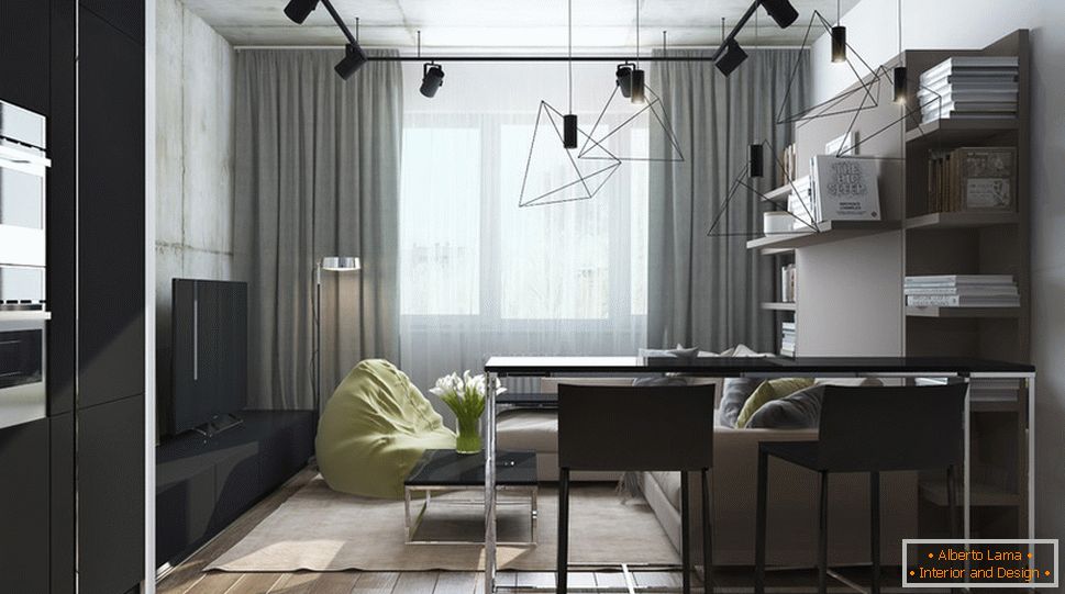 Design de interiores de um pequeno apartamento em tons de cinza
