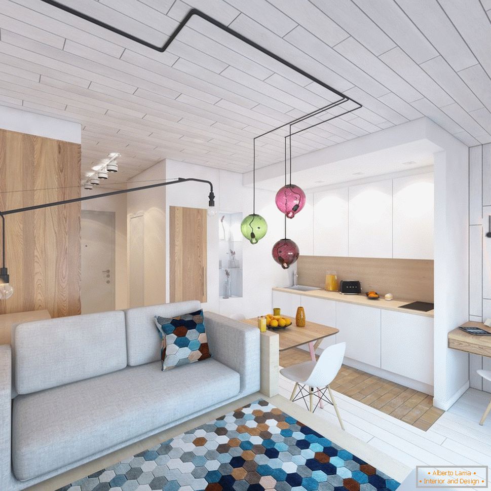 Design de interiores de um pequeno apartamento com toques brilhantes