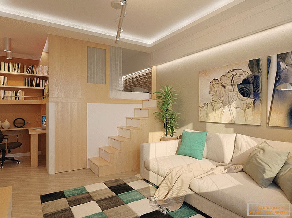 Design de interiores de um pequeno apartamento de dois andares