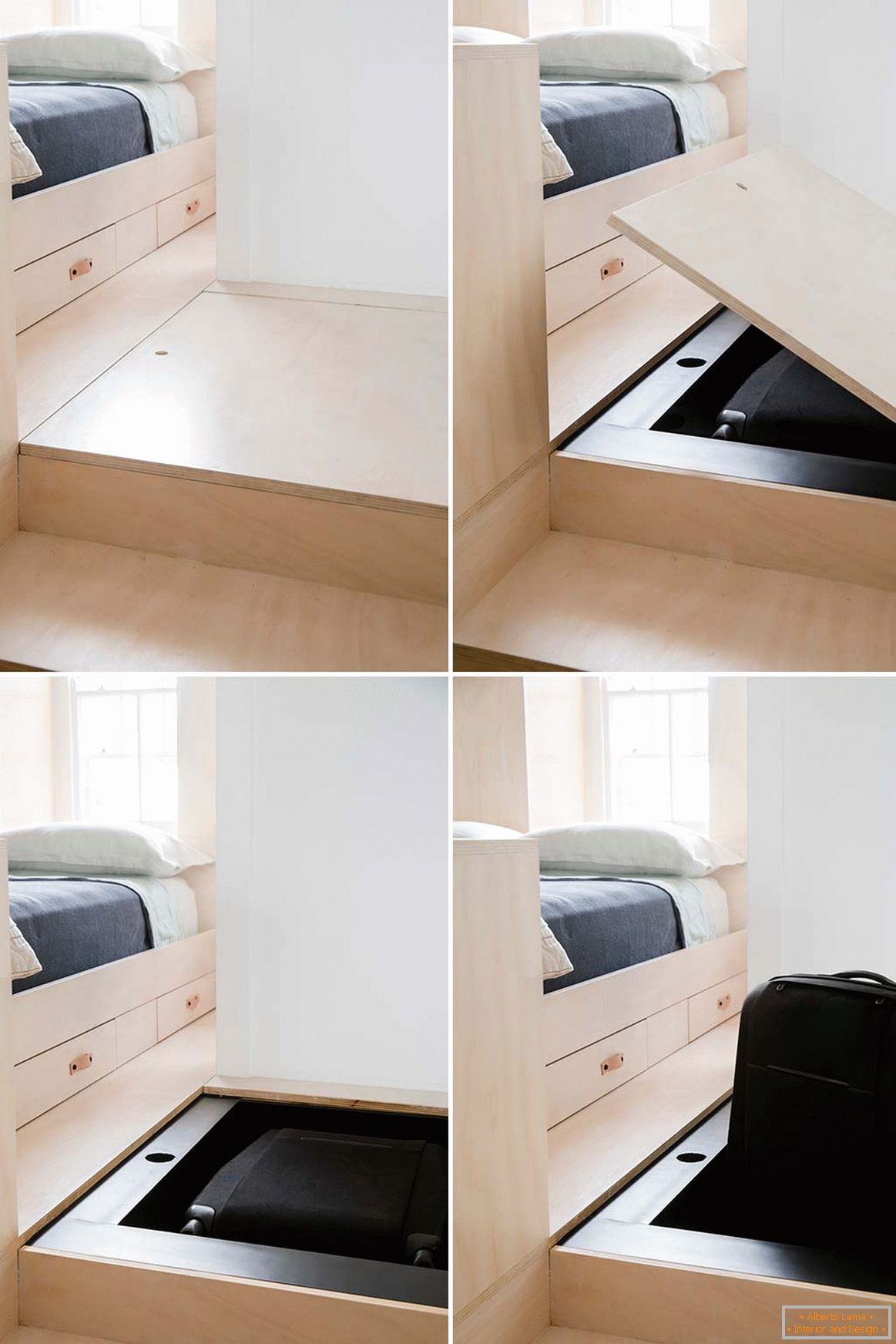 Design de interiores de um pequeno apartamento em Sydney - чемодан в ящике