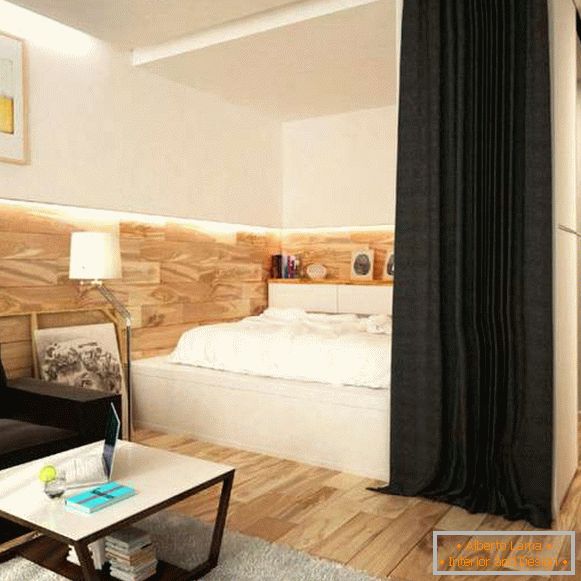 Design de interiores de um pequeno apartamento - separação do quarto com cortinas