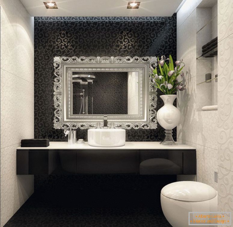 belo-interior-design-de-pequeno-quarto-com-preto-e-branco-banheiro-decoração-também-lâmpadas