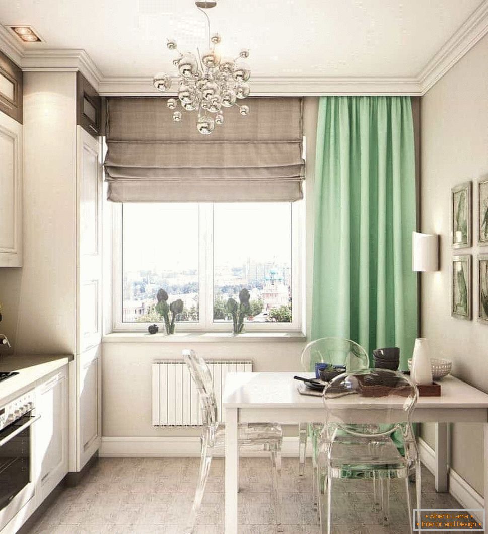 Cozinha bege com cortinas verdes