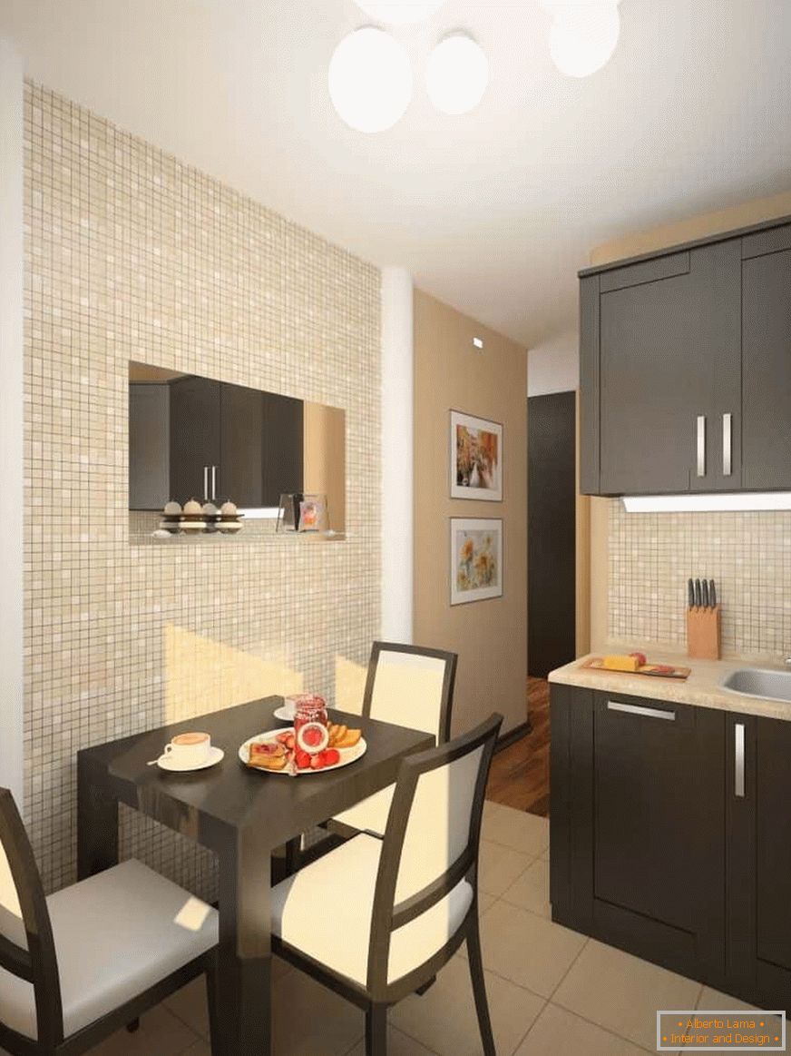A telha na forma de um pequeno mosaico aumentará visualmente a área de uma pequena cozinha