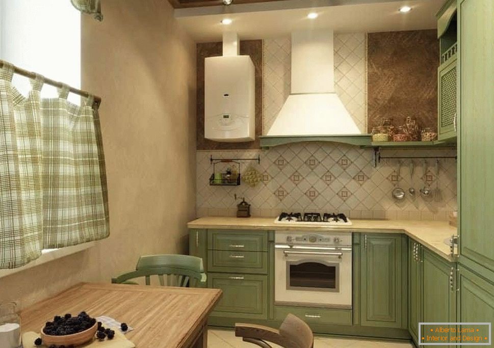 Cozinha de canto em estilo rústico com um avental de azulejos e paredes pintadas