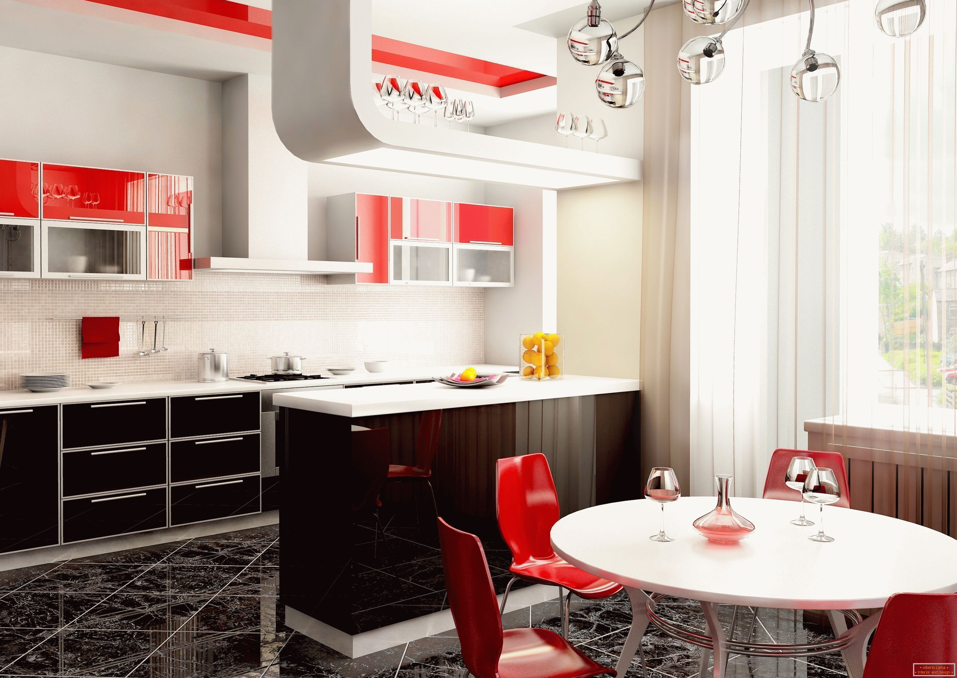 Interior brilhante da cozinha no apartamento com detalhes em vermelho
