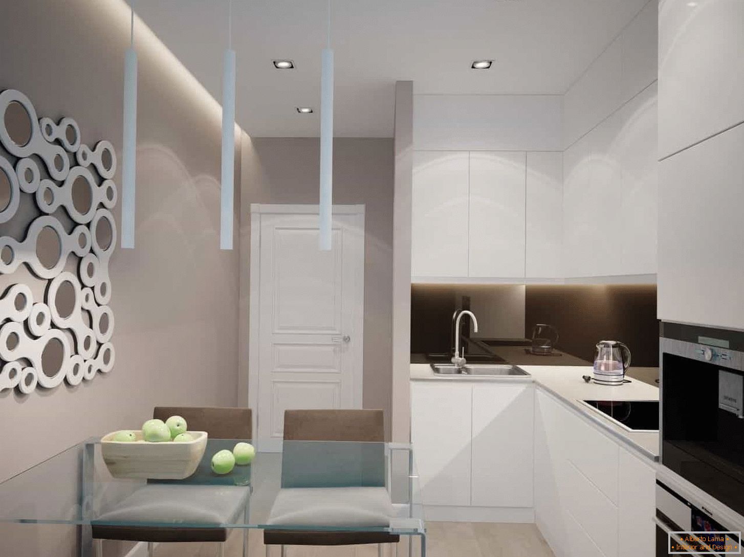 Cozinha branca em estilo moderno com eletrodomésticos embutidos