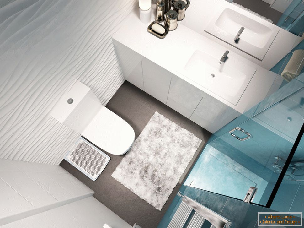 Design de banheiro em tons de branco e azul