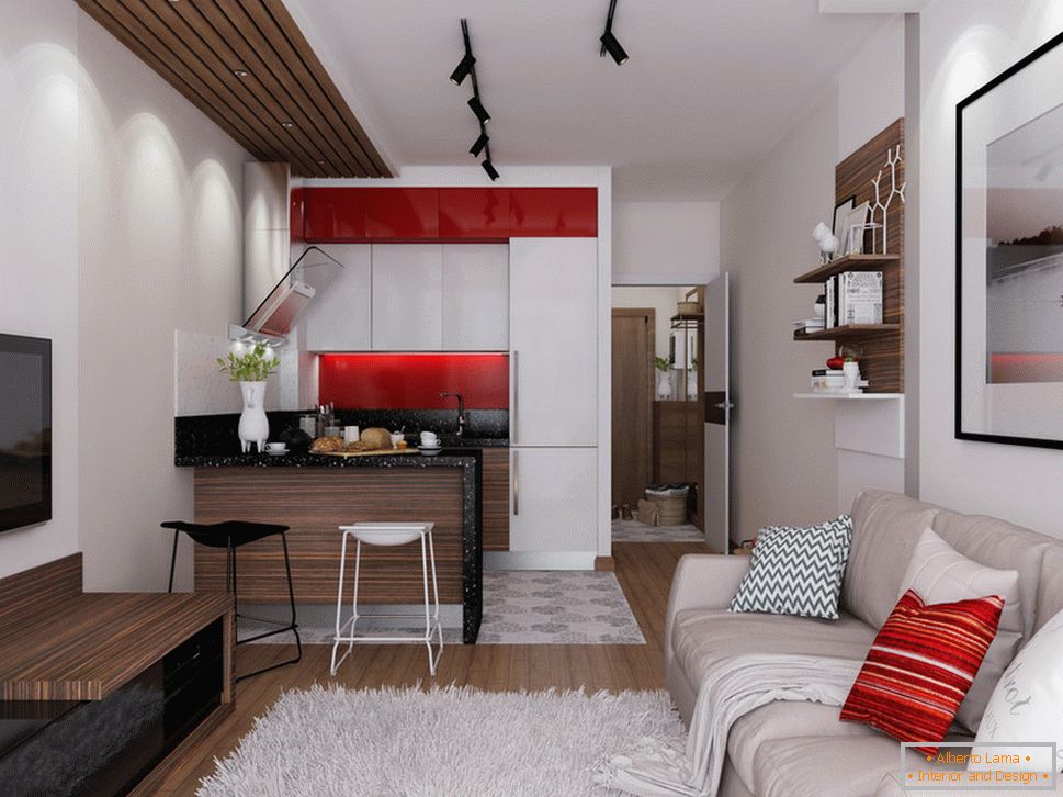 Apartamento com 30 m². m com detalhes em vermelho