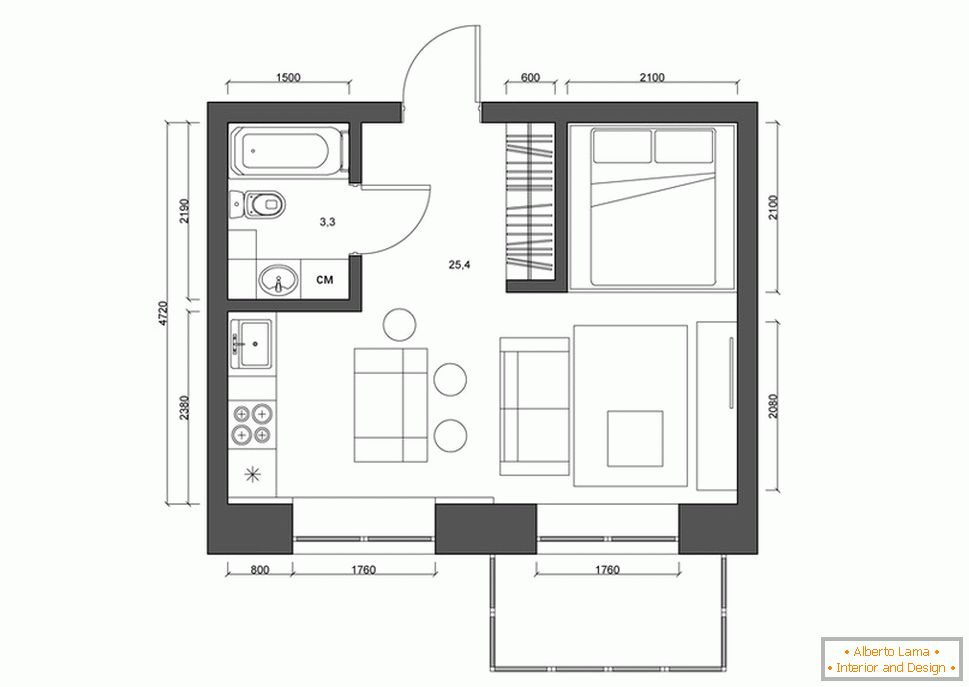 Layout do apartamento 30 metros quadrados. m em preto e branco