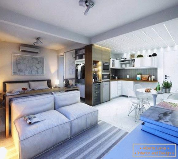 Idéias para o design de apartamentos estúdio 30 metros quadrados - foto da sala de estar, quarto e cozinha