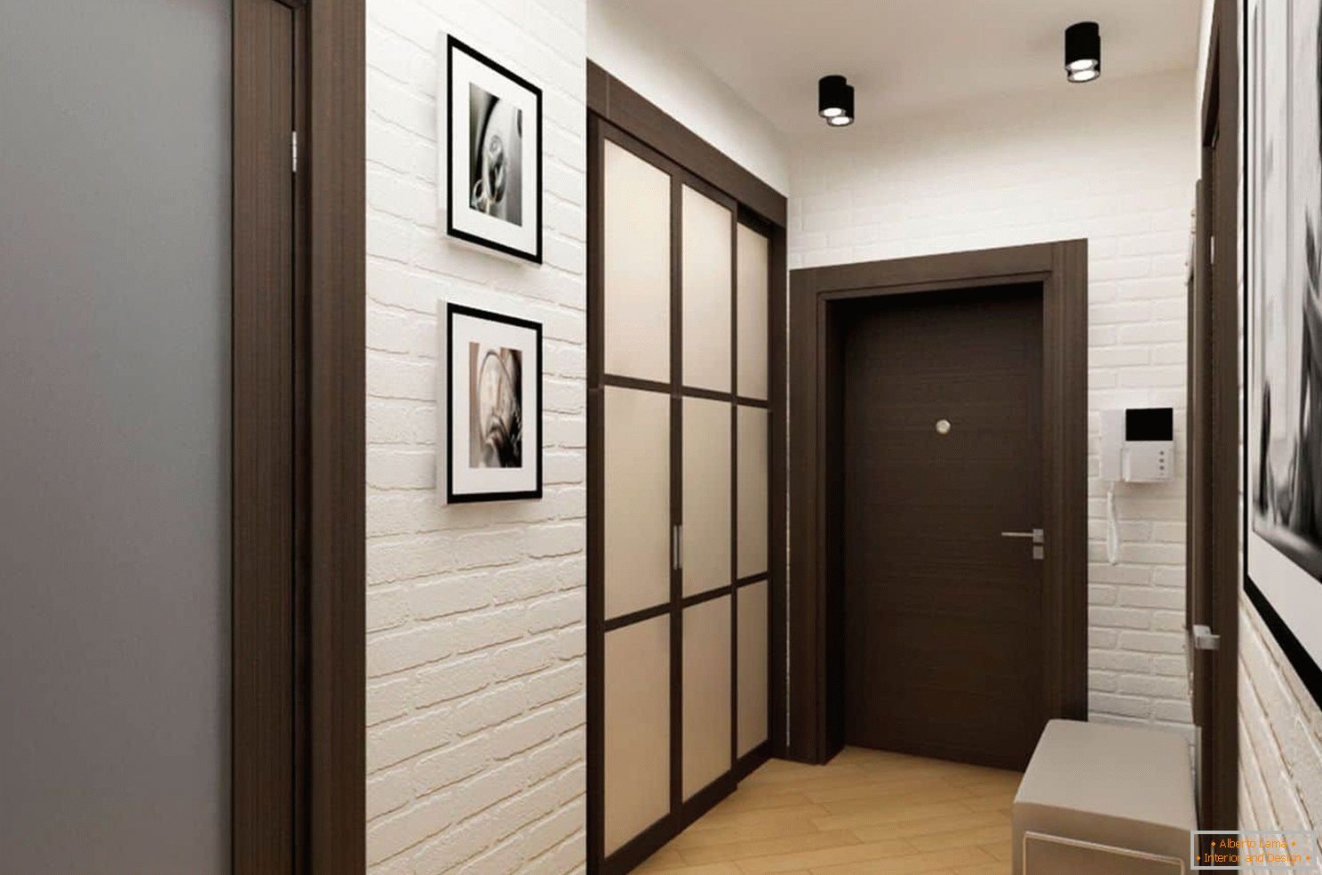 Design de interiores de um pequeno corredor com um guarda-roupa e otomano