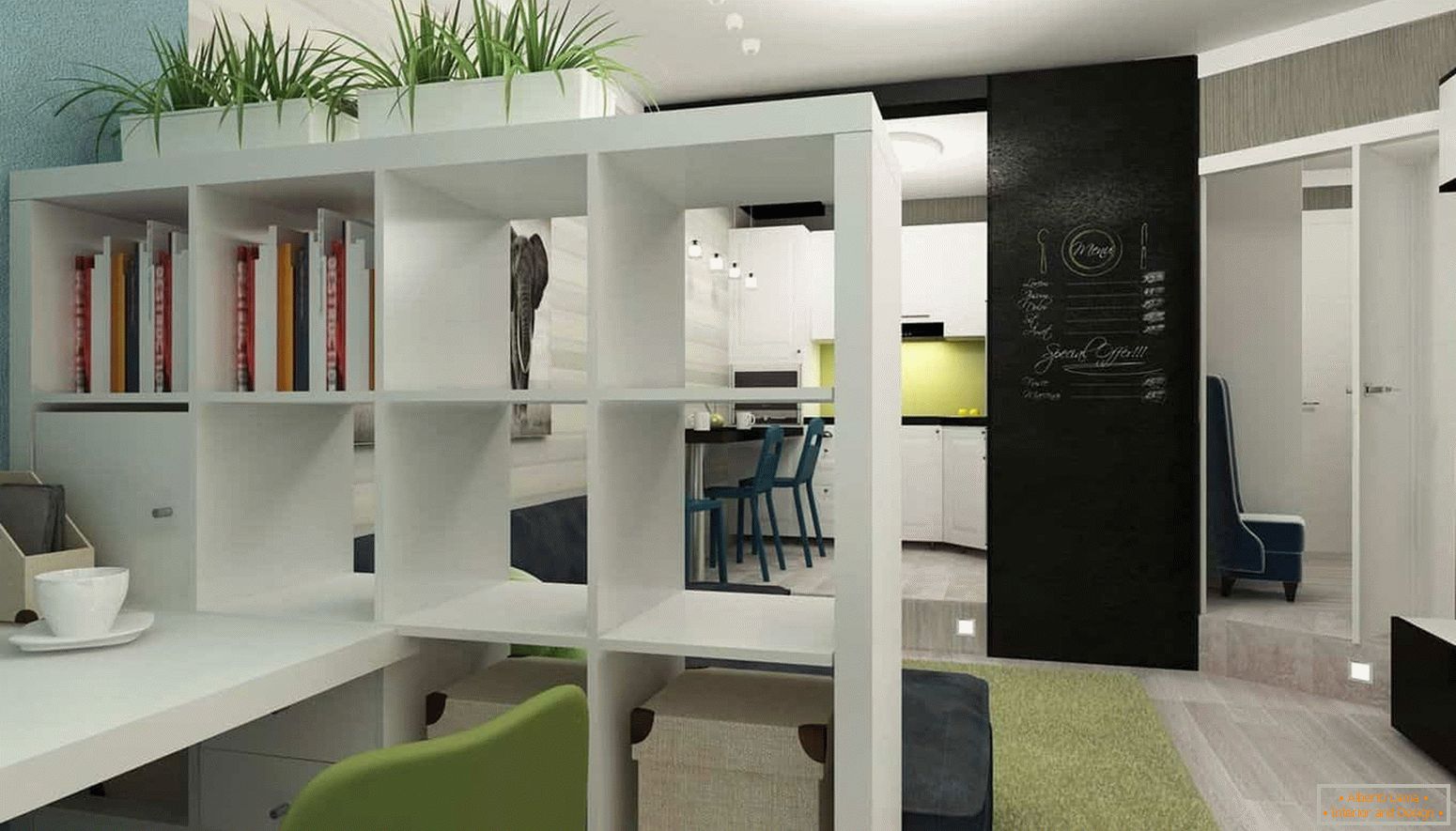 Tudo o que é necessário no design de interiores de um pequeno apartamento, cozinha, sala de estar e estudo