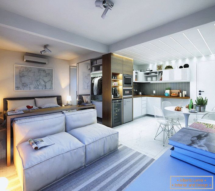 Versão elegante do design de interiores de um estúdio pequeno apartamento