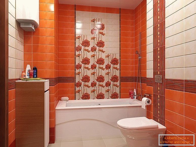 Azulejos laranja no interior de um pequeno banheiro