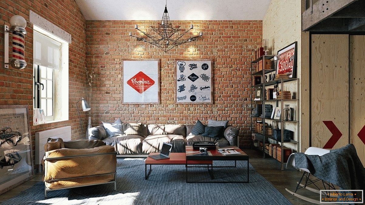 Interior do apartamento em estilo loft com papel de parede sob o tijolo
