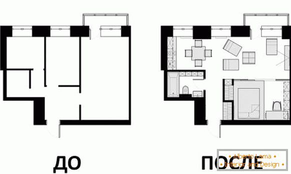 Design de apartamentos de 40 m2 - desenho antes e depois