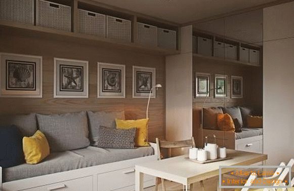 Design de interiores minimalista de um apartamento de um quarto de 40 metros quadrados