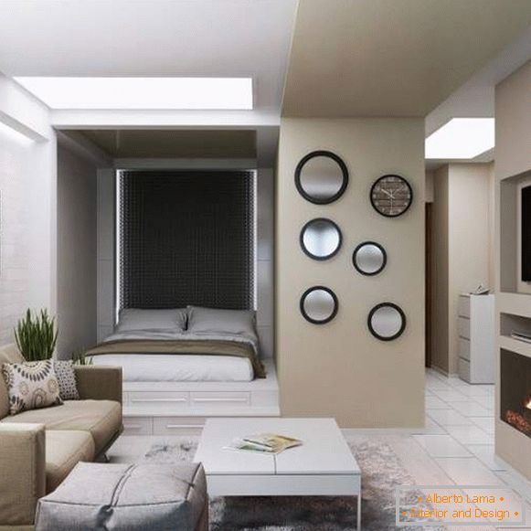 Design de interiores de apartamento de um quarto com área de dormir