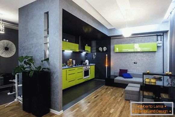 Design de interiores de um apartamento de um quarto com cozinha combinada