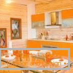 Combinação de laranja e madeira na cozinha