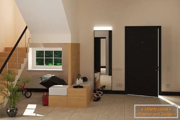 Design de corredor em uma casa privada com janela e escadas