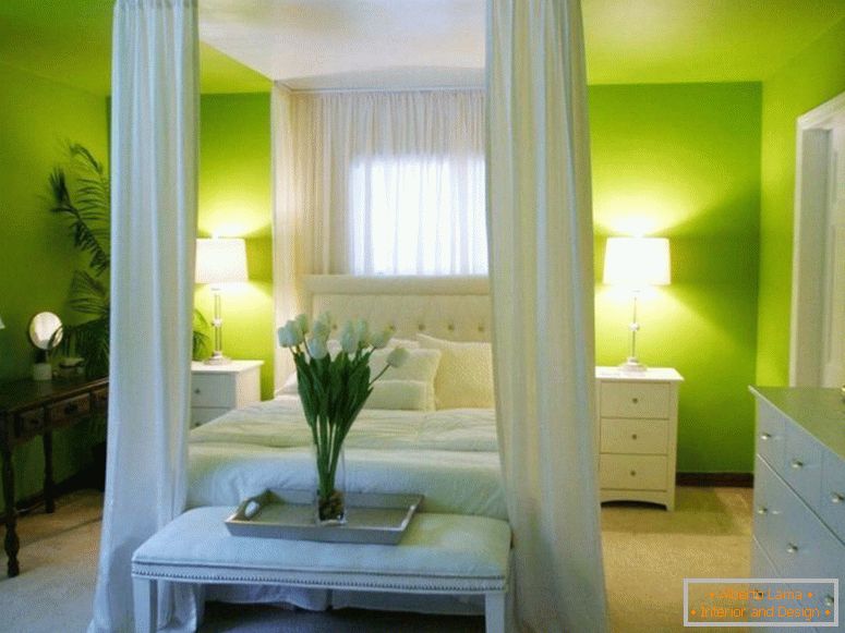 Iluminação в спальне зеленого цвета