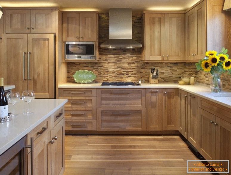 girassol-cozinha-decoração-idéia-também-atraente-madeira-backsplash-façanha-único-microondas-com-recesso de iluminação