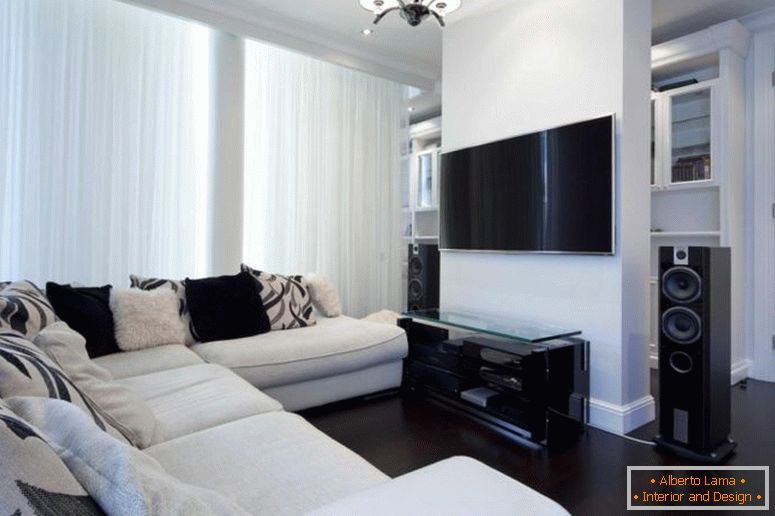 impressionante branco-cortinas-interior-apartamento-corredor-com-branco-sofás-on-the-black-chão-também-tem-pequeno-lustre-pode-adicionar-a-beleza-dentro-room-design- ideias