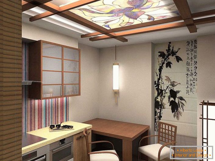 Uma cozinha elegante, como exemplo do fato de que 12 metros quadrados também podem ser decorados com elegância e funcionalidade.
