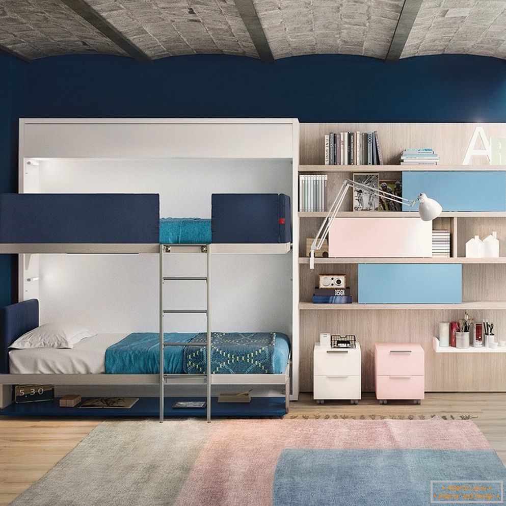 Quarto em cores azul e branco