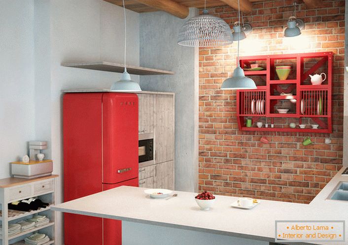 Cozinha criativa em estilo loft para uma pessoa criativa. Um interior elegante para uma pequena cozinha quadrada.