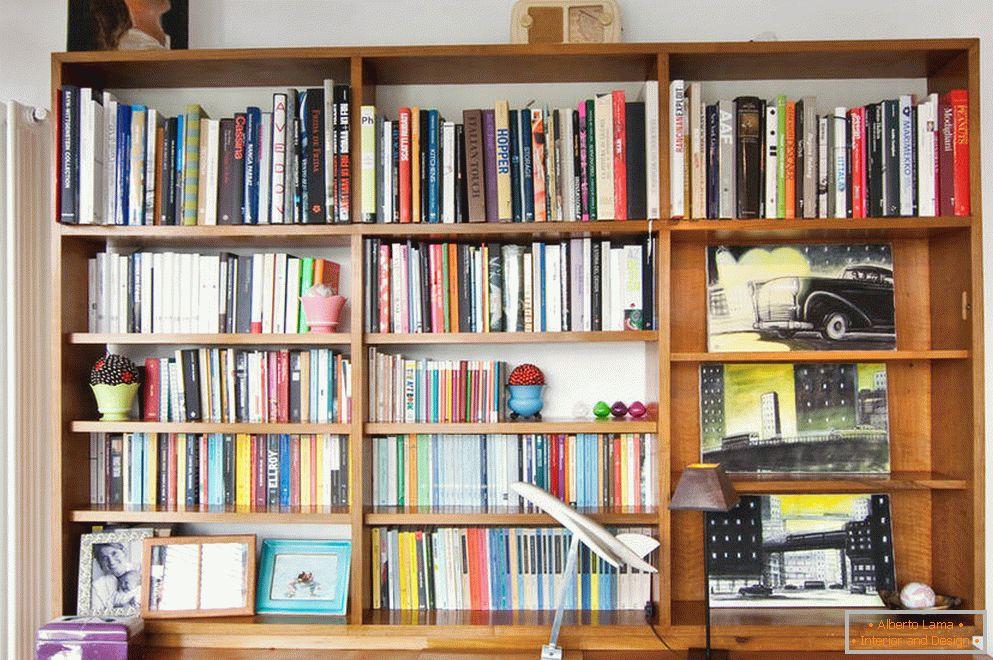 Um rack com um grande número de livros e pequenos itens