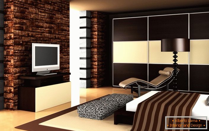 O projeto de design é incorporado usando móveis Wenge, que também prevalece na decoração das paredes.