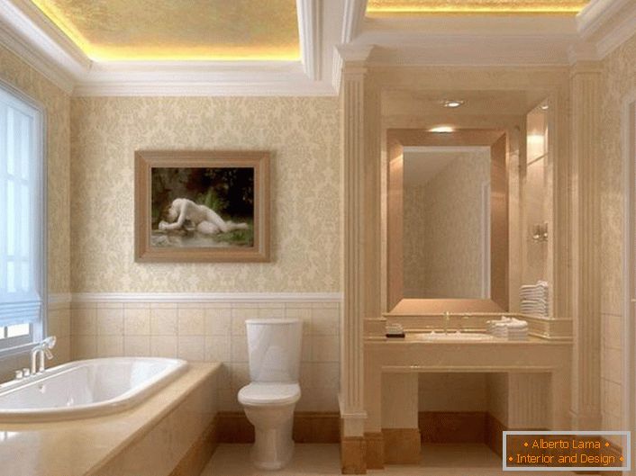 Moldagem de estuque é um elemento harmonioso do interior no estilo Art Nouveau. Os tetos de dois níveis são equipados com a iluminação correta. Faixa de LED, emitindo luz quente, amarela, torna a atmosfera no banheiro romântico.