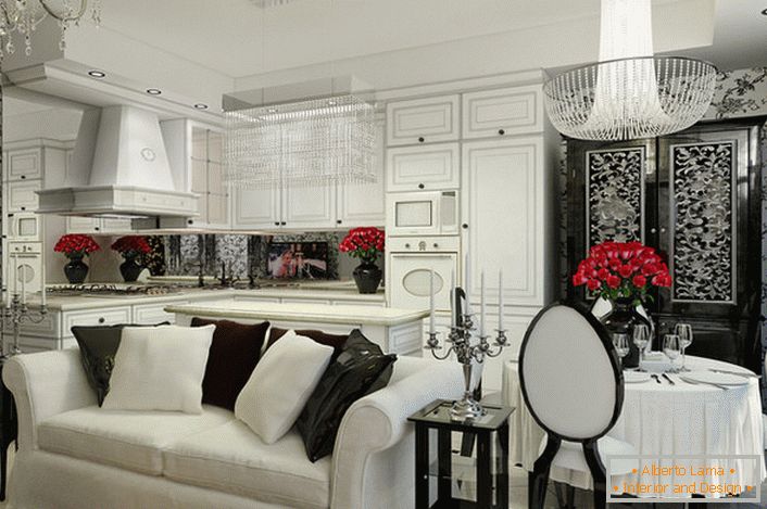 Cozinha-sala de estar no estilo art déco com suíte branca e eletrodomésticos embutidos.