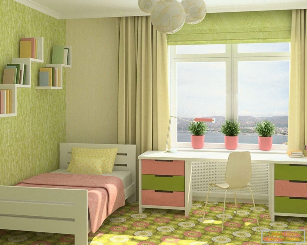 A combinação de rosa e pistache no quarto das crianças