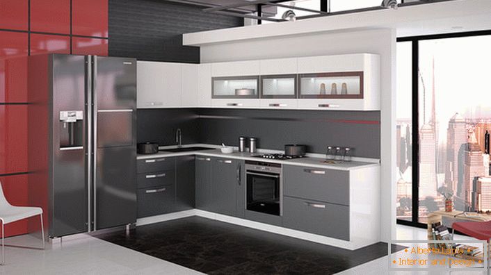 Móveis modulares na cozinha no estilo de alta tecnologia. Uma solução bem sucedida para organizar o espaço da cozinha. 