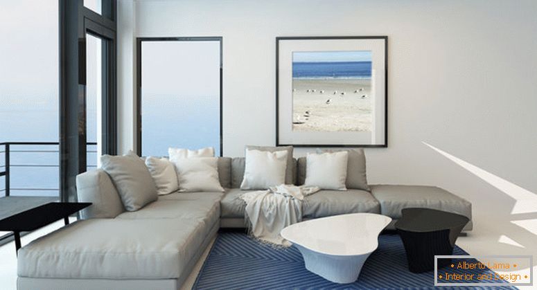 Moderna sala de estar beira-mar com um interior luminoso salão arejado com uma confortável suite cinza estofada moderna, arte na parede e uma grande janela panorâmica ao longo de uma parede com vista para o oceano