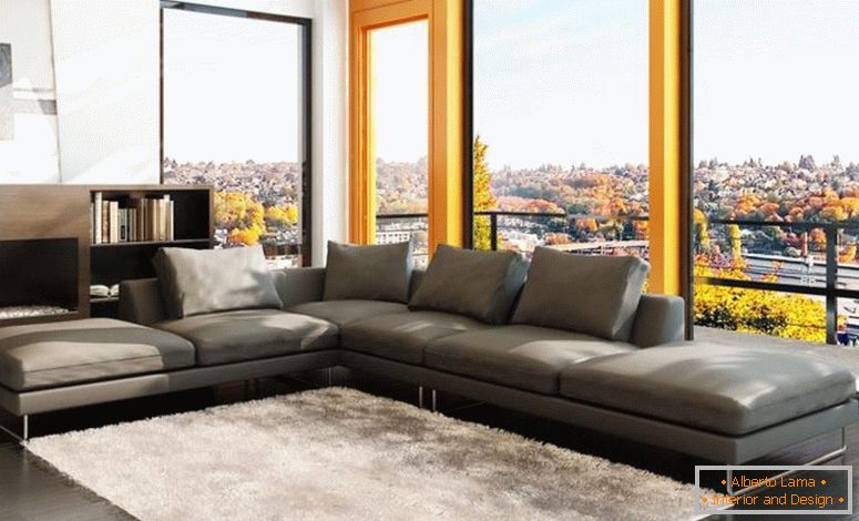 elegância-cinza-bonito-sofá-design-em-estilo-moderno-sala de estar-como-bem-wide-glass-window-plus-varanda-em-nas proximidades-também-white-fur-rug-on- estante de madeira escura também estante de madeira