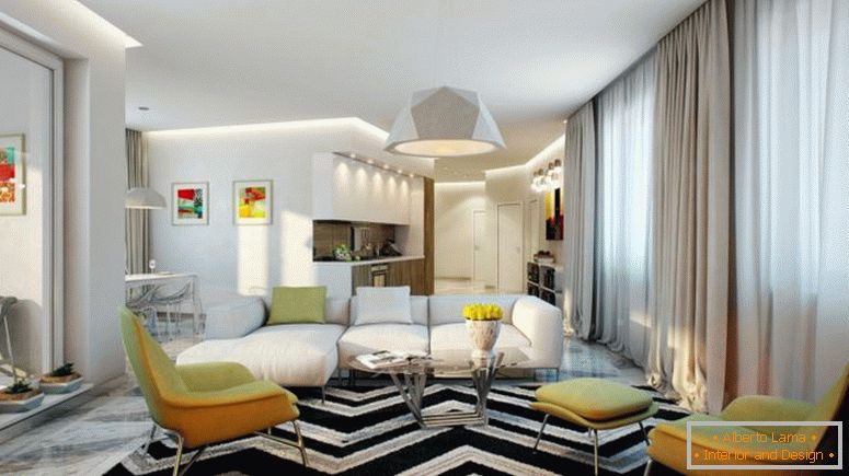 sala de estar-com-grande-preto-e-branco-tapete-e-canto-sofá-no-centro