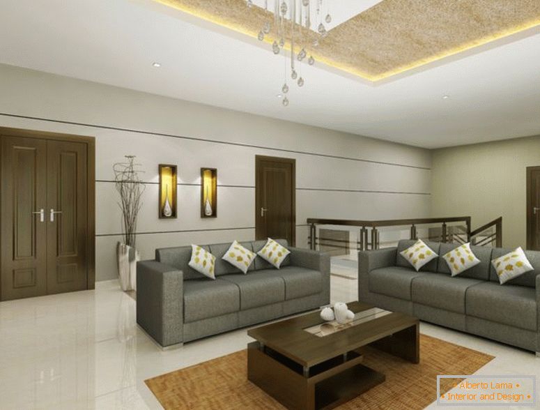 simples sala de estar-design-idéias-com-cinza-cor-sofás-e-original-forma-marrom-madeira-café-mesa-também-plush-tapete-e-branco-cerâmica-chão-também-gota de chuva- lustre de cristal-como-bem-como-decoração-casa