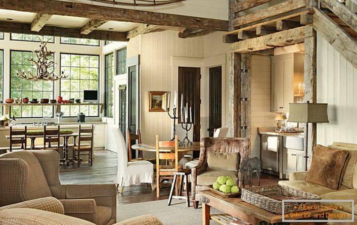 A combinação correta de mobiliário e mobiliário no interior da sala de estar faz com que o estilo da aldeia seja uma solução criativa e invulgar para a decoração. 