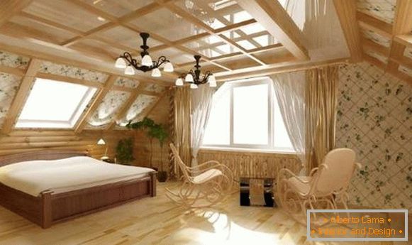 Design de interiores do sótão em uma casa de madeira