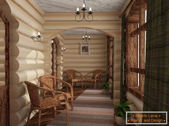Design de interiores de casa de madeira de logs dentro - foto