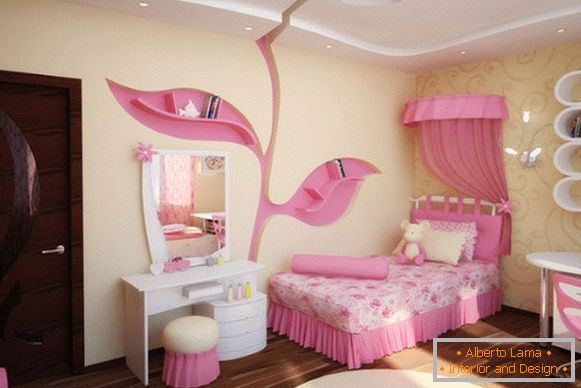 interior de um quarto das crianças para uma menina em tons de amarelos e rosa