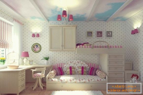 interior com papel de parede branco para um quarto de crianças para meninas