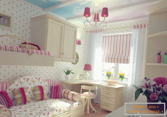 interior com papel de parede branco e azul céu para um quarto de crianças para duas meninas